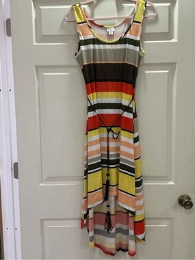 Cato Striped High-Low Sundress in Yellow, Red, Black & Cream